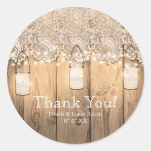 Rustieke houten kant en verlichte Mason Jar-huweli Ronde Sticker