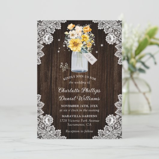 Rustieke Houten Kant Gele Bloemen Bruiloft Kaart (Staand voorkant)