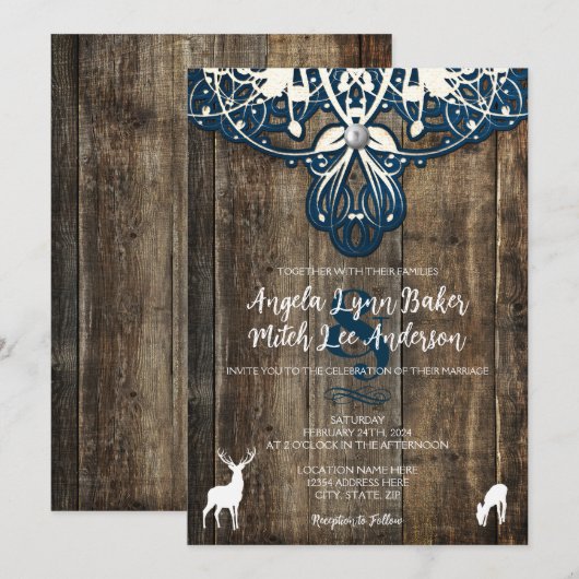 Rustieke Houten Kant Herten Bruiloft Uitnodiging (Voorkant / Achterkant)