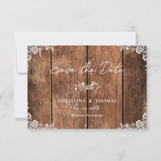 Rustieke Houten Kant Land Bruiloft Save the Date (Voorkant)