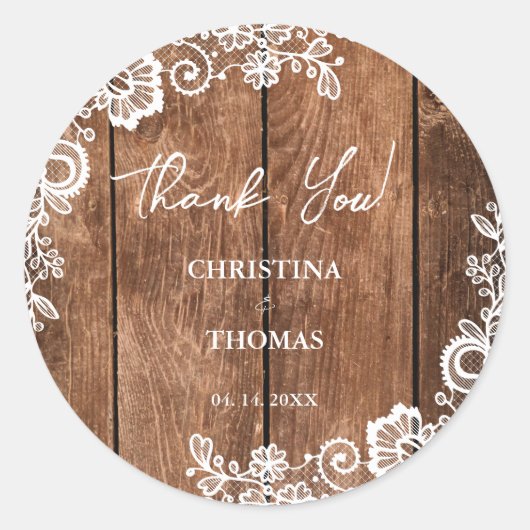 Rustieke Houten Kant Land Schuur Bruiloft Dank u Ronde Sticker (Voorkant)