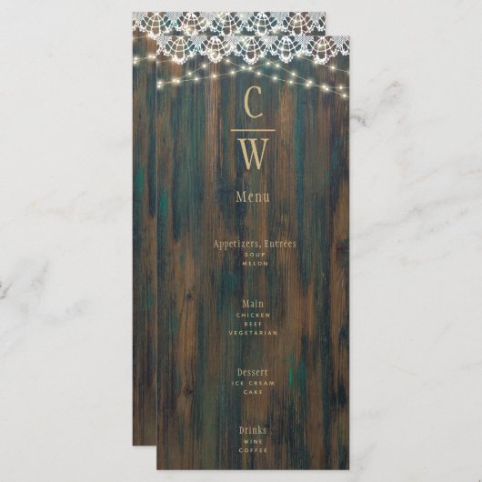 Rustieke Houten Kant Lichtjes Gouden Tekst Trouwda Menu (Voorkant / Achterkant)