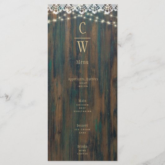 Rustieke Houten Kant Lichtjes Gouden Tekst Trouwda Menu (Voorkant)