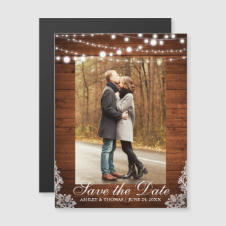 Rustieke Houten Kant Lights Save the Date Verlovin Magnetische Uitnodiging