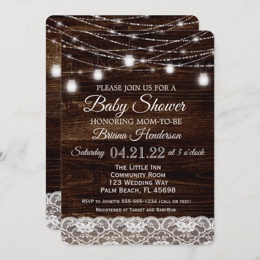 Rustieke Houten Kant Mason Jar Lights Baby shower Kaart (Voorkant / Achterkant)