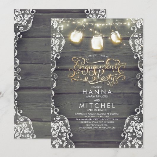Rustieke Houten Kant Mason Jar Lights Engagement P Kaart (Voorkant / Achterkant)