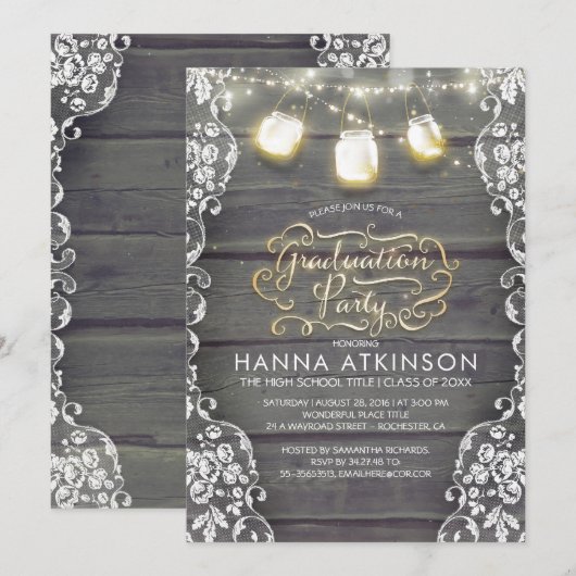 Rustieke Houten Kant Mason Jar Lights Graduation P Kaart (Voorkant / Achterkant)