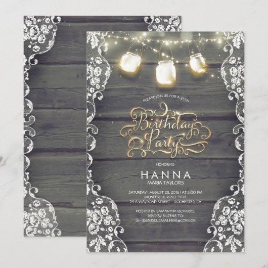 Rustieke Houten Kant Mason Jar Lights Verjaardagsf Kaart (Voorkant / Achterkant)