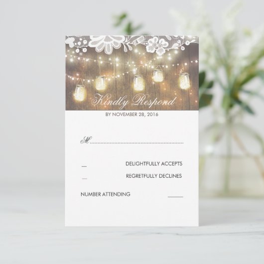 Rustieke Houten Kant Mason Jar Lights Wedding RSVP (Staand voorkant)
