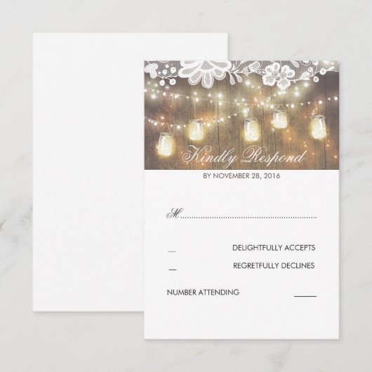 Rustieke Houten Kant Mason Jar Lights Wedding RSVP Kaartje (Voorkant / Achterkant)