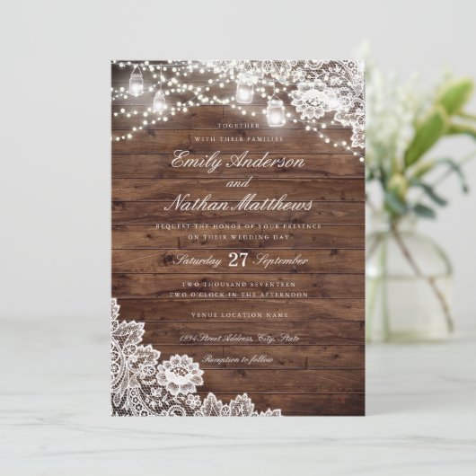 Rustieke Houten Kant Mason Jar String Lights Weddi Kaart (Staand voorkant)