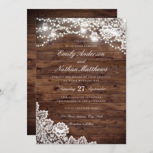 Rustieke Houten Kant Mason Jar String Lights Weddi Kaart (Voorkant / Achterkant)