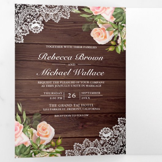 Rustieke houten kant roze bloemrijke QR-code trouw Drieluik Uitnodiging (Binnenzijde eerst)