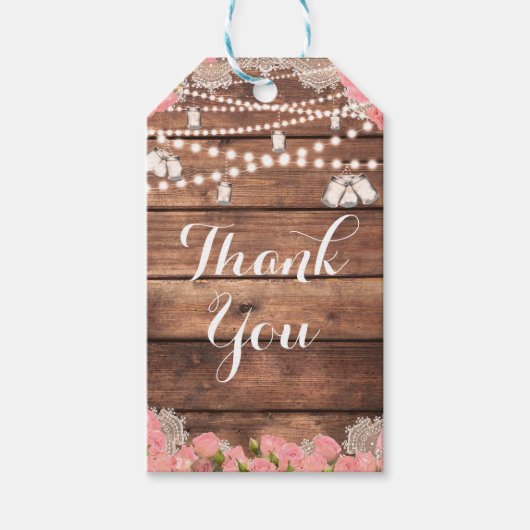 Rustieke Houten Kant Roze Rozen Elegant Bruidsfees Cadeaulabel (Voorkant)