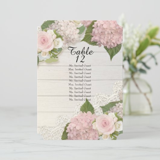 Rustieke houten kant rozene hydrangea tafel zitpla kaart (Staand voorkant)