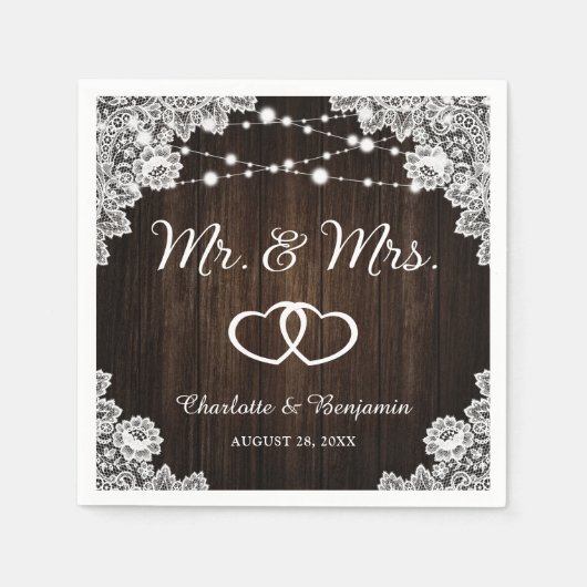 Rustieke Houten Kant String Lights Mr en Mrs Weddi Servet (Voorkant)
