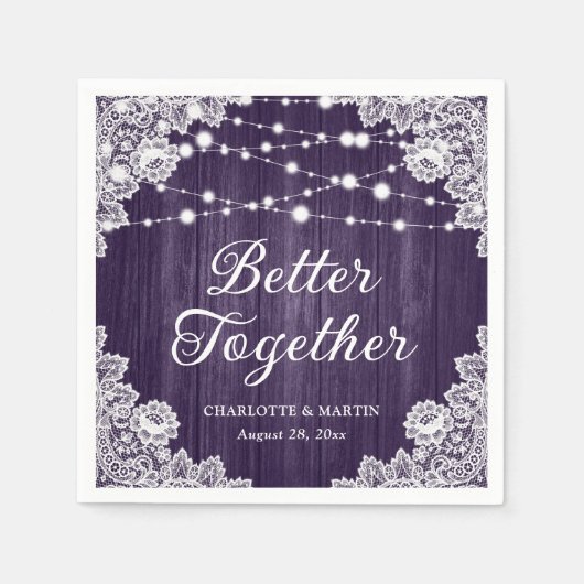 Rustieke Houten Kant String Lights Paarse Bruiloft Servet (Voorkant)
