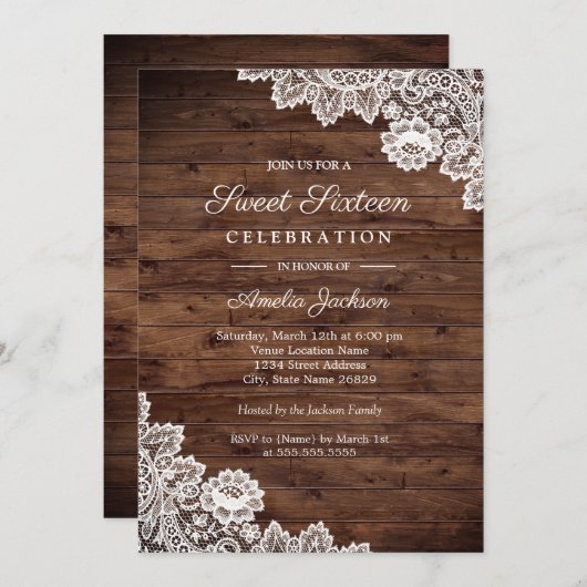 Rustieke houten kant Sweet Sixteen Uitnodiging