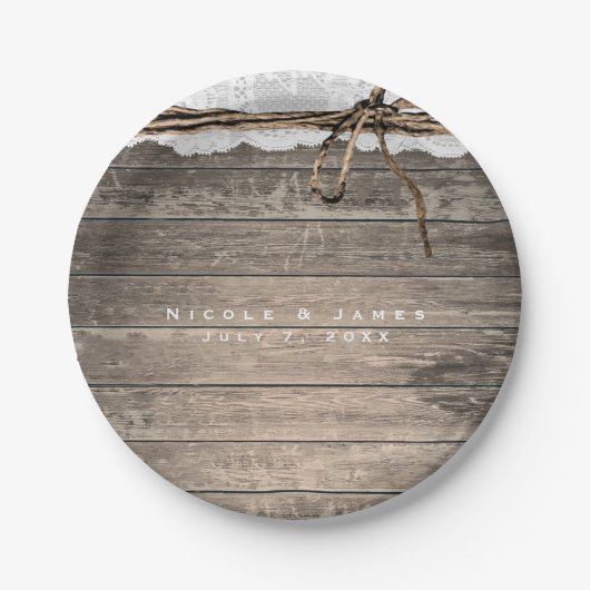 Rustieke Houten Kant Twine Romantische Bruiloft Re Papieren Bordje (Voorkant)