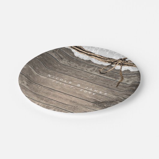 Rustieke Houten Kant Twine Romantische Bruiloft Re Papieren Bordje (Gekanteld)