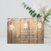 Rustieke houten kant & verlichte Mason Jar RSVP-ka RSVP Kaartje (Staand voorkant)