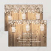 Rustieke houten kant & verlichte Mason Jar RSVP-ka RSVP Kaartje (Voorkant / Achterkant)