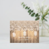 Rustieke houten kant & verlichte metselaarpot spar aankondigingskaart (Staand voorkant)