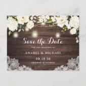 Rustieke houten kant witte bloemen Save the Date Aankondigingskaart (Voorkant)