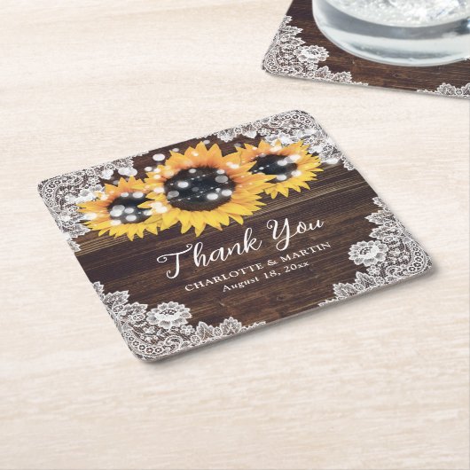Rustieke Houten Kant Zonnebloem Bruiloft Dank u Kartonnen Onderzetters (Schuin)