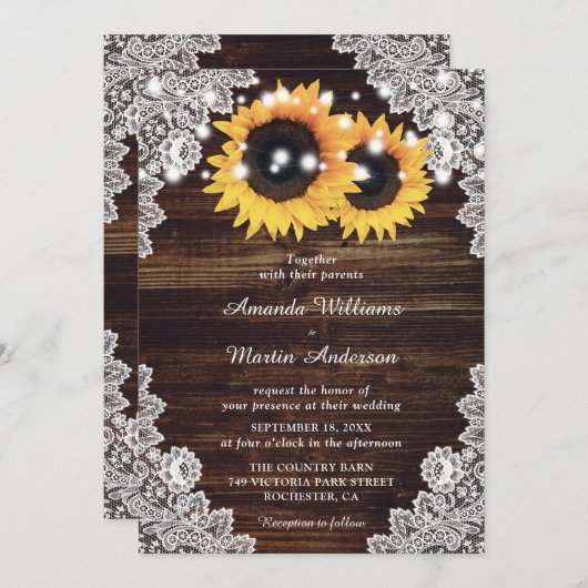 Rustieke Houten Kant Zonnebloem Bruiloft uitnodigi Kaart (Voorkant / Achterkant)