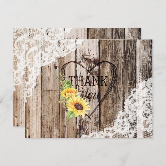Rustieke Houten Kant Zonnebloem Hart Etsen Dank u Bedankkaart (Voorkant / Achterkant)