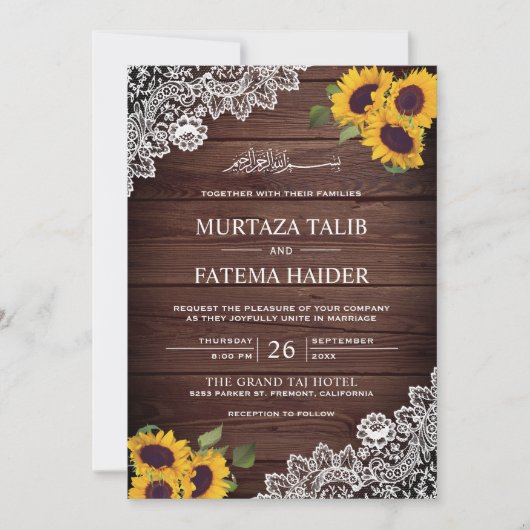  rustieke houten kant zonnebloem islamitische brui kaart (Voorkant)