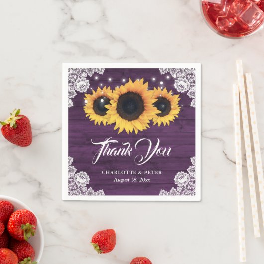 Rustieke Houten Kant Zonnebloem Paarse Bruiloft Servet (Insitu)
