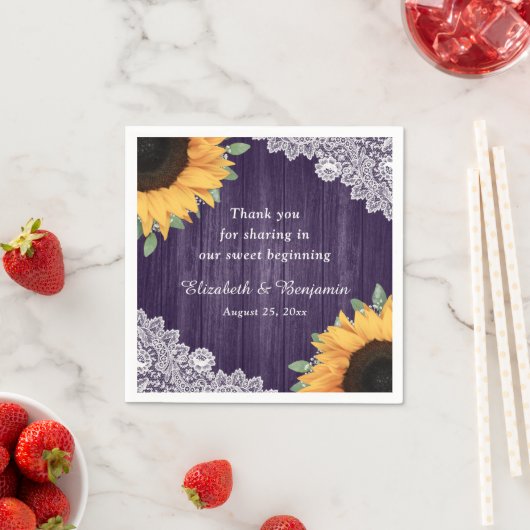 Rustieke Houten Kant Zonnebloem Paarse Bruiloft Servet (Insitu)