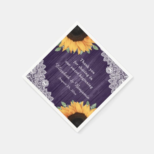 Rustieke Houten Kant Zonnebloem Paarse Bruiloft Servet (Hoek)