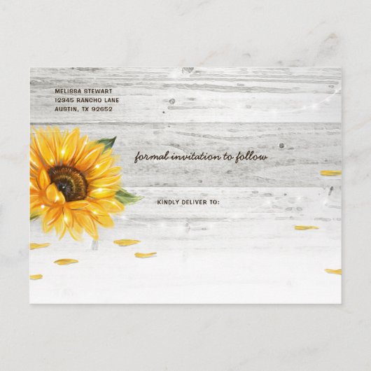 Rustieke  Houten Kant Zonnebloem Save the Date Briefkaart (Achterkant)