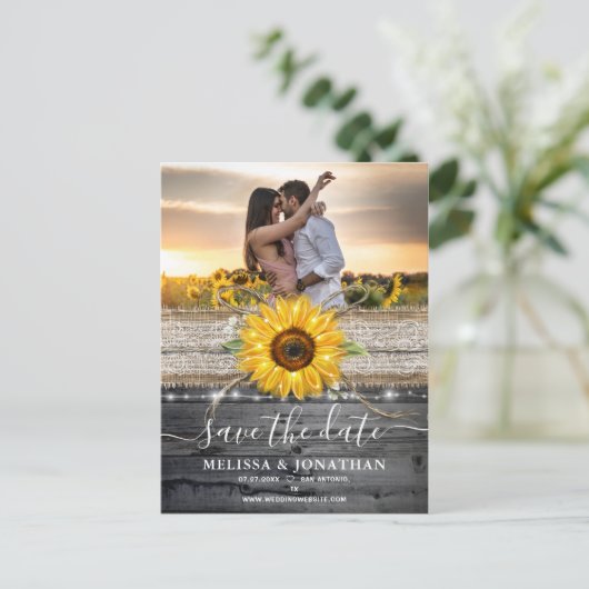 Rustieke Houten Kant Zonnebloem Save the Date Briefkaart (Staand voorkant)