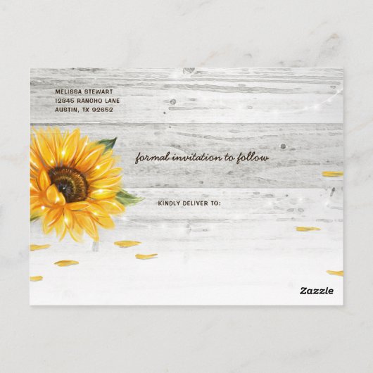 Rustieke Houten Kant Zonnebloem Save the Date Briefkaart (Achterkant)