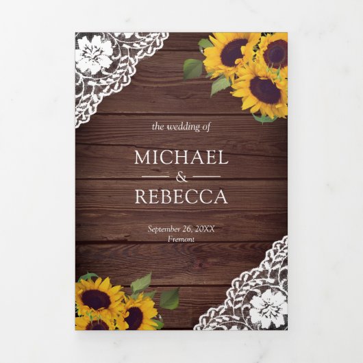 Rustieke Houten Kant Zonnebloem String Lights Brui Drieluik Uitnodiging (Cover)