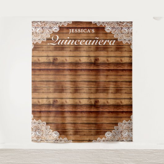 Rustieke houten & kanten Quinceañera-fotobehang Wandkleed (Voorkant)