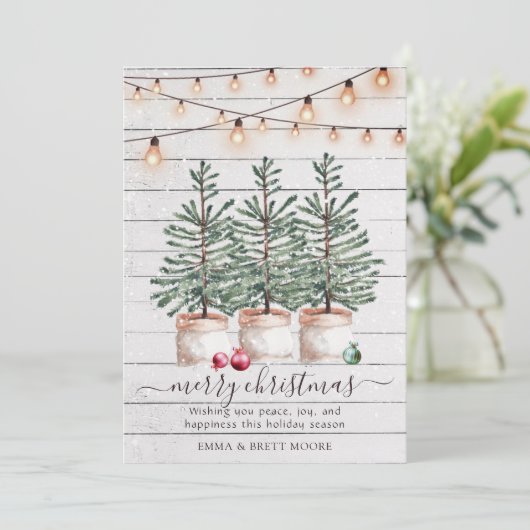 Rustieke houten kerstbomen String Lights Feestdagenkaart (Staand voorkant)