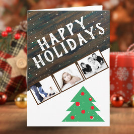 Rustieke Houten Kerstboom Rood 3 Foto Kerstmis Kaart