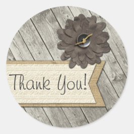 Rustieke houten knoop stof bloem jute dank je wel ronde sticker