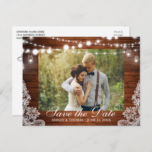 Rustieke houten kruik lampjes opslaan de datum ter aankondigingskaart (Voorkant / Achterkant)