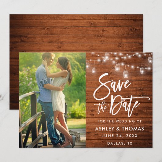 Rustieke Houten Kruik Lights Borstel Script Foto Save The Date (Voorkant / Achterkant)