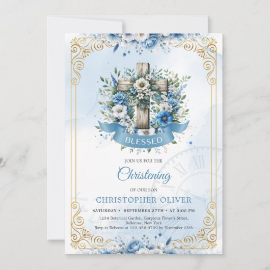 Rustieke houten kruisblauwe bloemen gouden lijst kaart (Voorkant)