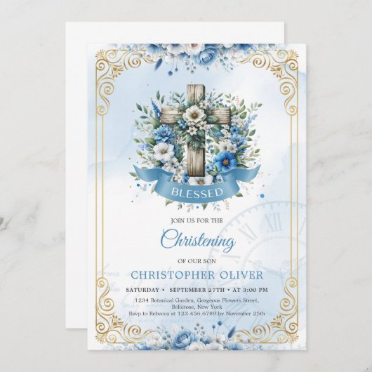 Rustieke houten kruisblauwe bloemen gouden lijst kaart (Voorkant / Achterkant)