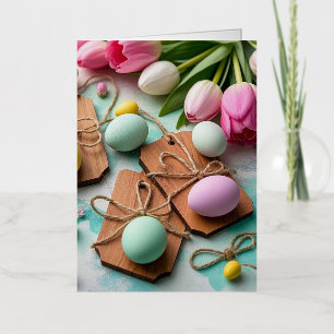 Rustieke houten labels met beschilderde paaseieren folie wenskaart
