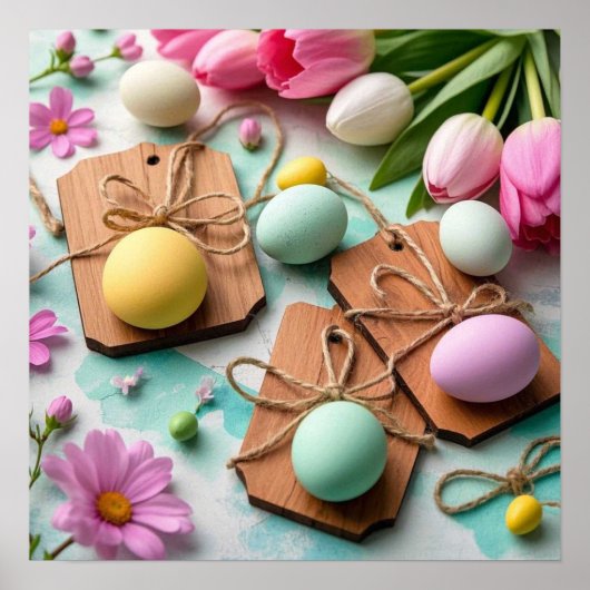 Rustieke houten labels met beschilderde paaseieren poster (Voorkant)