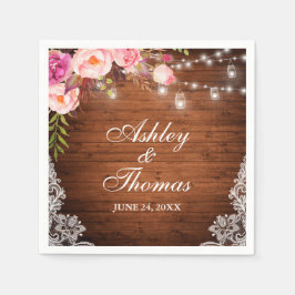 Rustieke houten lampen in jampot met roze bloemslu servet